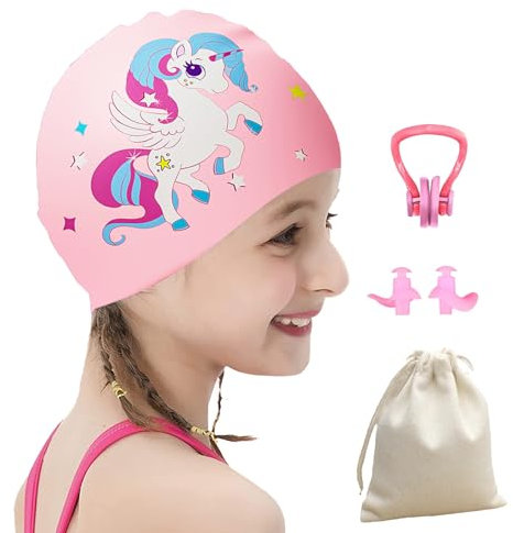 Badekappe Mädchen Badekappe Kinder Schwimmkappe Kinder Schwimmhaube Kinder Bademütze Kinder Geeignet für Kinder im Alter von 5–12 Jahren Inklusive 1 Nasenclip und 1 Paar Ohrstöpsel