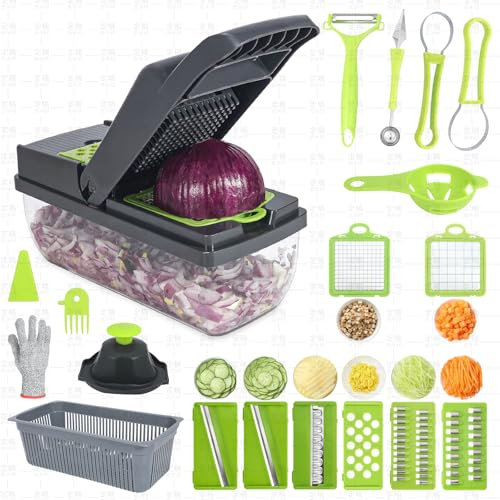 Gemüseschneider, 21 in 1 Multifunktionaler Gemüse Schneider Set mit 8 austauschbaren Klingen, Gemüsehobel, Vegetable Chopper, Würfelschneider für Hobeln von Obst