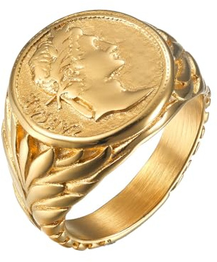 IMINI Vintage Roman Caesar Signet Ring - Stainless Steel Statement Piece for Men & Women, Comfort Fit Personalised Thumb Knuckle Jewellery Gift Birthday Christmas (Gold, US10=T 1/2)