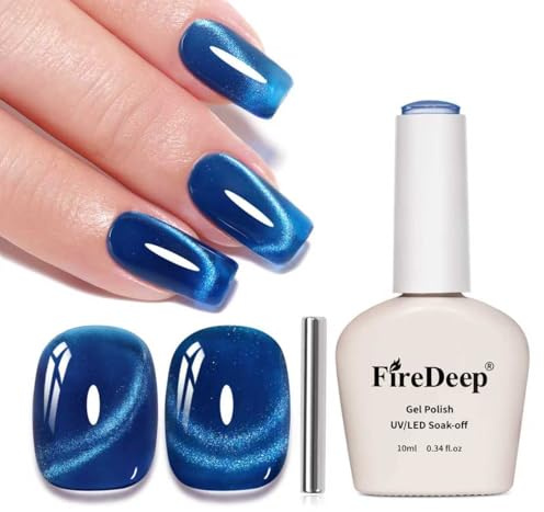 Firedeep 10ml Hema Free Blue Cat Eye Gel Nail Polish Navy Blue Color Glitter Gel Polish with Magnet Sheer Gel Soak Off UV LED Cured Manicure DIY Salon for Women Girls