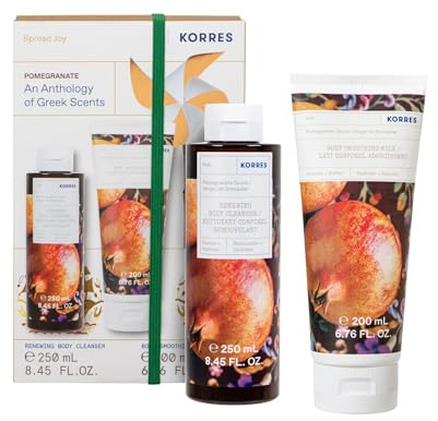 KORRES POMEGRANATE GROVE - Set regalo per la cura del corpo, profumo di melograno fruttato e succoso, per uomo e donna, gel doccia 250 ml e latte corpo 200 ml, vegano