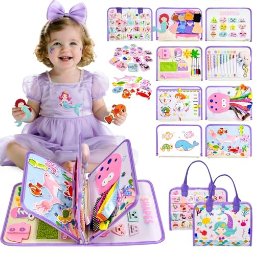 Sumtoco Busy Board, Montessori 2 Anni, Giochi Bambini 2 Anni, Libro Montessori Interattivo, Pannello Sensoriale Bambina, Giochi da Viaggio, Libri Sensoriali, Regalo Bambina 3 Anni, Libri per Bambini