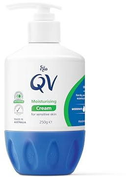 QV Cream with Glycerin (250g) Rich Protective Moisturiser for Sensitive, Dry Skin, Fragrance Free, Noncomedogenic Body Cream, Hydrating Skin Care for Eczema, Psoriasis, Dermatitis, Pump Bottle