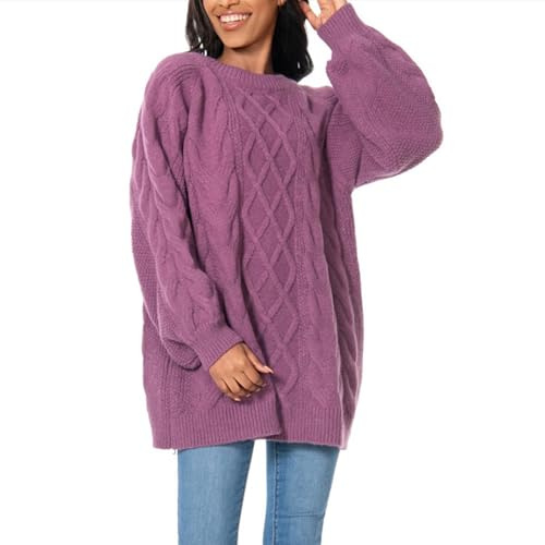 Womens Jumper Dress Oversized Cable Knit Long Jumpers Autumn Winter Warm Crew Neck Pullover Crochet Sweaters Dress Plus Size Longline Jumpers Dressy Casual Knitwear,Za-Purple,S