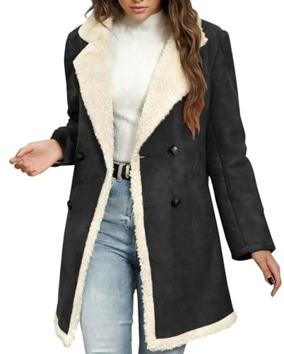 Winter Jackets for Women Shearling Sheepskin Faux Suede Jacket Vintage Furry Sherpa Lined Trench Coats Button Down Lapel Windbreak Outerwear Cashmere Fleece Winter Warm Coats with Pockets