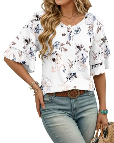WNEEDU Tee Shirt Femme d'Été Col V Manches Courtes Blouses Femme Élégant | T-Shirt Femme d'Été, Col V avec Poignets Volantés, Blouse Femme Chic et Élégant, Tissu Doux et Confortable au Quotidien