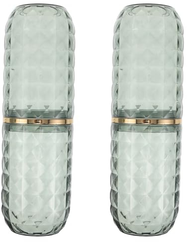 Baluue 2Pcs Diamond Travel Toothbrush Cups Set with Lids, Plastic Mouth Rinse and Toothbrush Holder Cups in Dark Green for Oral Care and Bathroom Organization