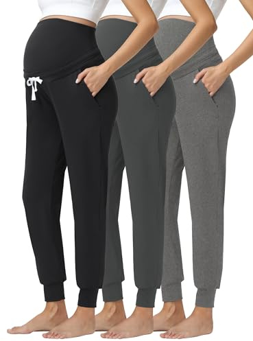 Foucome Women's Maternity Pants Over Belly Stretchy Drawstring Pregnancy Joggers Sweatpants with Pockets (Black/Grey/Melange Grey, M)