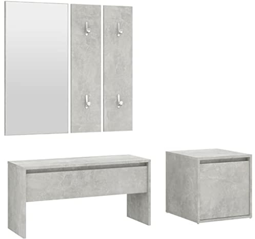 Foknhdi Ensemble de garde-robe gris béton - Meuble de couloir en bois avec miroir et banc - Ensemble de couloir moderne avec tiroirs - Panneau de garde-robe compact pour couloir et entrée