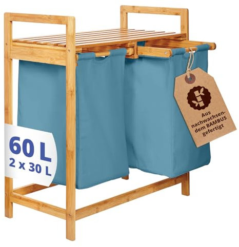 Lumaland Wäschekorb Bambus mit 2 ausziehbaren Wäschesäcken | Pflegeleichtes Material, unempfindlich gegen Nässe und leicht abwischbar | Höhe ca. 73cm x 64cm Breite x 33cm Tiefe [Blau]
