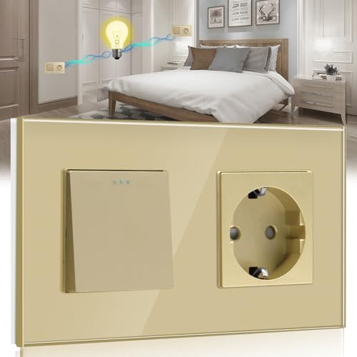 BSEED Interruttore della luce con presa 1 scomparto a 2 vie, 10 A, pannello in vetro di cristallo da 10 A, con presa Schuko da 16 A, colore oro, interruttore fisico da incasso con presa da 157 mm