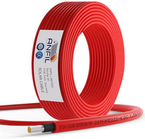ANFIL® Câble Solaire Premium 6mm² Noir Flexible, Photovoltaïque, Résistant aux UV, pour Panneaux Solaires, Onduleurs & Régulateurs de Charge (Rouge, 50m)