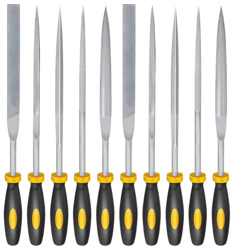 10PCS Metal File, Needle File Set, Includes Flat/Half-Round/Round/Triangle, Professional Steel File Set with Non-Slip Handle for Metal, Wood, Glass, Plastic, Leather, Jewelry and More