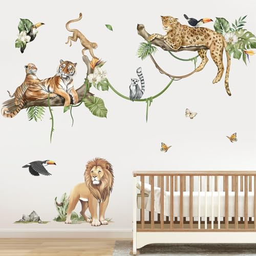 decalmile Väggklistermärken Djungeldjur Träd Gren Självhäftande Mural Safari Lejon Leopard Tiger Väggdekoration Barnrum Baby Barnkammare