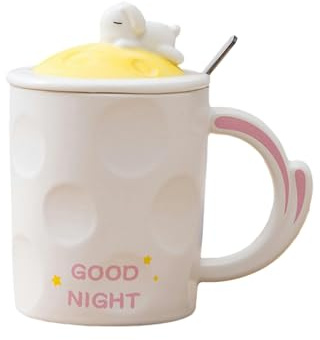 CAPIJIONG 390ml Simple Scoop With Lid Rabbit Ceramic Mug Microwave Oven Available For Office Cute Creative Couple Coffee Cup-Milky white