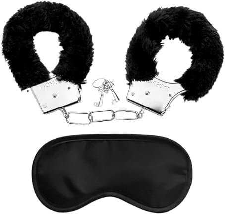 YSDYY 1 Piece Black Plush Police Handcuffs with 2 Keys, 1 Blindfold, Bondage Sex Props, Metal Jewelry Accessories, Suitable for Parties, Role Play, Bondage Games, 26cm