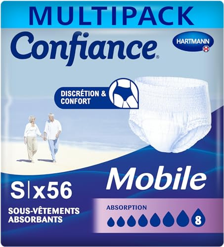 Confiance Mobile - Slips Absorbants pour Hommes et Femmes - Niveau d'Absorption = 8 gouttes (Fuites Urinaires Moyennes) - Discrets et efficaces - pH Neutre à la Peau - Taille S - 4x14 Unités