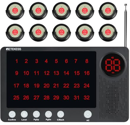 Retekess TH107 Pager Rufsystem, Drahtlose Pager System für Senioren, Caregiver Pager, 300m Rufweite, 10 Sprachen, IP67 wasserdicht，für Krankenhaus, Kliniken, Pflegeheime, Senioren