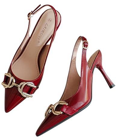 WBITJDK Zapatos de tacón para mujer, con hebilla, tacón en bloque, 7,5 cm, para fiestas, bodas, borgoña, 39 EU