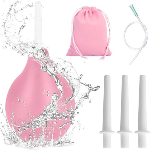 Soleeya 224ML Klistier Analdusche, Rosa Analdusche Silikon Einlauf zur Darmreinigung AnalspüLung Set mit 1 X 37cm Silikonkatheter, 3 Spülaufsätze, 1 Aufbewahrungsbeutel Analdusche für Männer Frauen