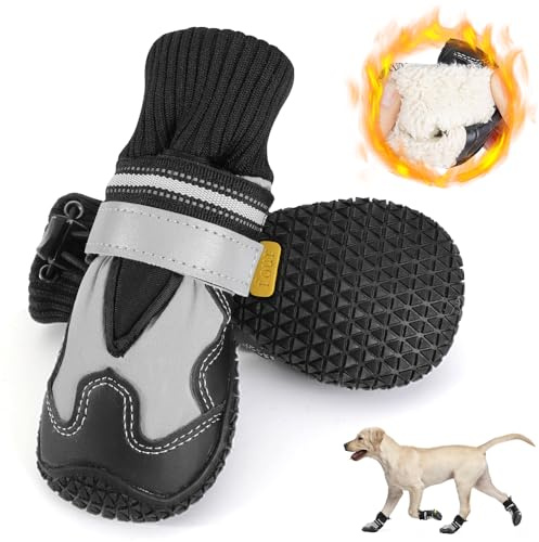 Eyein Dog Shoes for Injured Paws, Waterproof Warm Fleece Lined Pet Boots Paw Protector with Reflective Strips Rugged Anti-Slip Sole, Anti Come Off Adjustable for Winter Snow Rainy Day (2pcs)