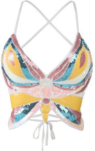 TCNGKIJIUK Haut Court Papillon à Paillettes pour Femme Haut de Crop Top Scintillant Soutien-Gorge de Danse Costume de Gilet sans Manche Costume de Danse du Ventre pour Spectacle Festival Soirée Fête