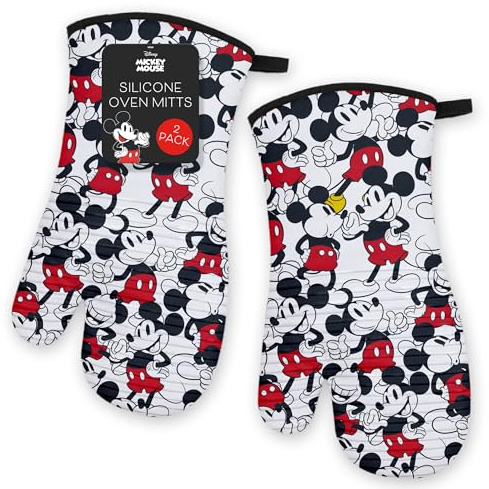 Disney Silicone Oven Mitts Heat Resistant – Set of 2 Long Cuff Cotton Kitchen Mitts with Silicone Grip Stripes, Cute Oven Mitts & Pot Holders for Cooking, Baking & Kitchen Essentials- Mickey