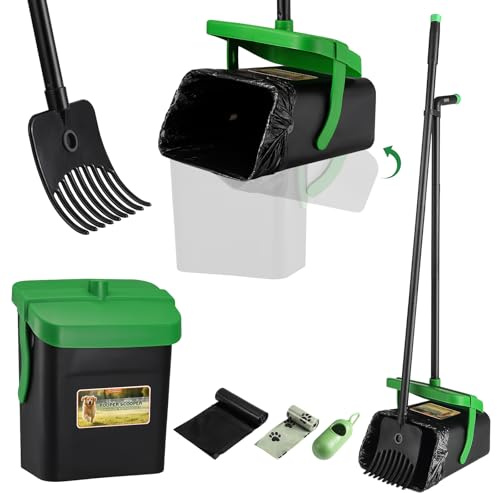 Faankiton Paletta Raccogli Cacca Cani, Cestino Girevole e Rastrello, Raccogli Feci Cane Paletta per Escrementi di Cani, Paletta Regolabile per Cani con 35 Sacchetti e Manico Lungo 117cm (Verde)