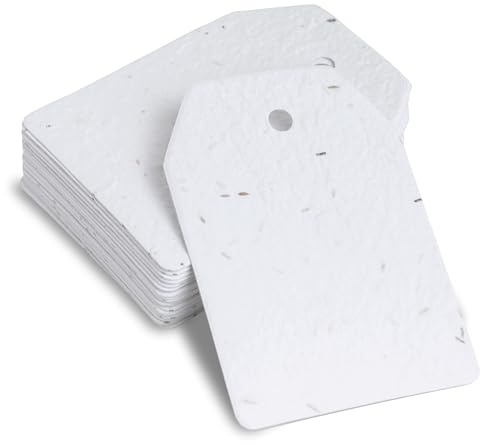 BLOOMING Étiquettes en Papier Ensemencé - Lot de 25 Tags Cadeau à Planter | 6x8,5 cm - 350g/m² - Blanc - Papier Graines - Mariage, Anniversaire, Noël - Graines de Fleurs Sauvages - Biodégradable