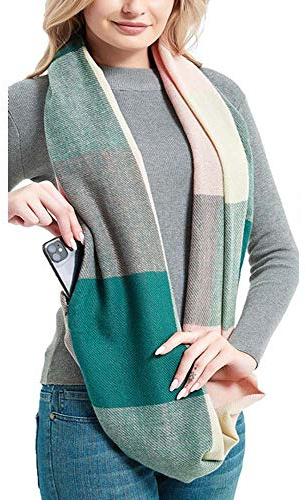 YEKEYI Women Plaid Infinity Scarf With Zipper Pocket Scarves Pockets-Secret Travel Scarfs for Girls Ladies
