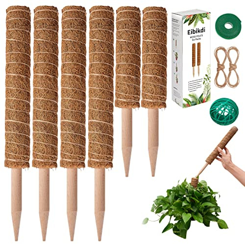 Eibikdi 6 Pcs Moss Pole Extending to 68 Inches for Plants Monstera, Plant Support Stakes for Indoor Climbing Plants Grow Upwards, with 65ft Twist Ties, 13ft Jute Rope, 6.5ft Hook-and-Loop Strip