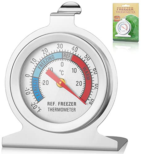Fridge Freezer Thermometer, Refrigerator Thermometer with Min Max Temperature Guide, Clear Dial, Stainless Steel, Hanging Hook and Retractable Stand Ideal For Home, Restaurants, Bars, Cafes