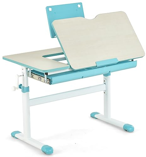 LIFEZEAL Escritorio Escolar, Escritorio Infantil 3-12 Años, Ergonómico, Altura Ajustable, Tapa Inclinable 7 Niveles, con Cajón, para Habitación Infantil, MAX 80 kg, 80x51,5x51-73cm (Azul)