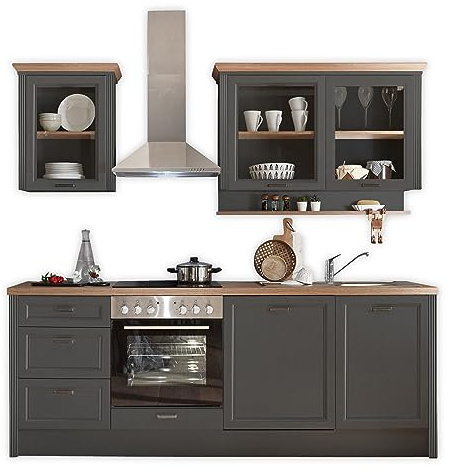 Stella Trading Jasmin Moderna Senza elettrodomestici, Effetto, spaziosa Cucina attrezzata in Stile Rustico, Legno ingegnerizzato Metallo, Grafite/Rovere artisano, 235 x 216,5 x 60 cm