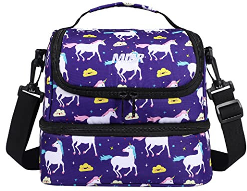 MIER Bolsa de almuerzo aislada para niños pequeños, lonchera de dos pisos para la escuela/guardería/picnic, morado unicornio