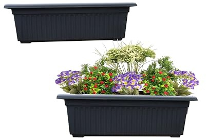 SIDSONS 70cm Long Garden Planter Raised Black Plant Pot,Windowsill Patio Large Plastic Trough for Plants, Herbs, Flowers, Small Bushes Window Box Rippled Effect, Optional Drainage Holes Set of 2