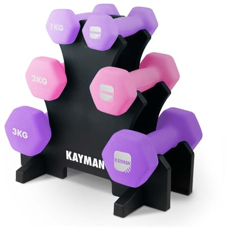 KAYMAN Ensemble d'haltères en néoprène avec support (1 kg, 2 kg, 3 kg), résistants à l'eau, forme hexagonale anti-roulement, poids à main pour homme et femme avec affiche d'entraînement, ensemble de