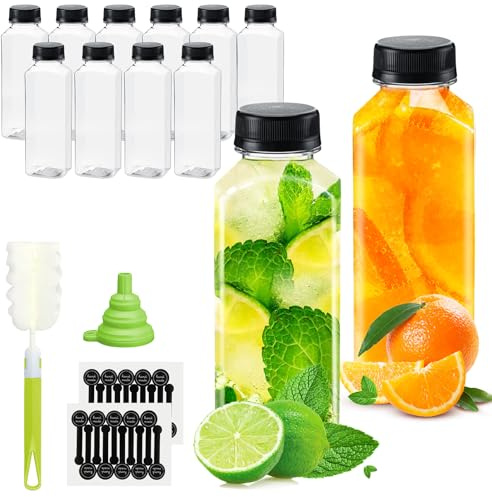 WenYa Reusable Plastic Juice Bottles, Leak-proof Bulk Beverage Bottles with Lids, Mini Fridge Bottles with Labels Funnel and Brush, Small Drink Containers for Juicing Smoothies - 17oz/500ml - 12 Pack