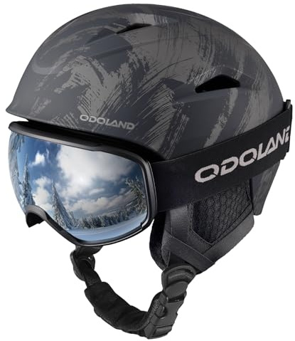 Odoland Ski Helmet with Ski Goggles for Skiing and Snowboard, Light Weight and Adjustable Ventilation Snow Helmet with Warm Fluffy Earpads for Men Women Adult and Youth Ink black L