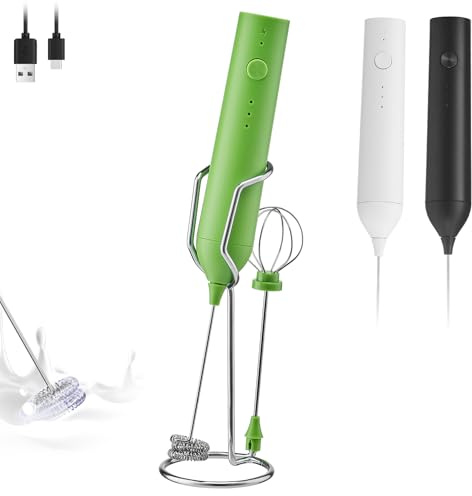 ELMWAY 3-Speed Rechargeable Milk Frother with Stand, Handheld Electric Whisk for Coffee, Latte & Matcha, USB-C Charging, 2 Whisks & Long-Press Stop – Green