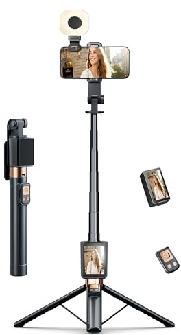 3 in1 Phone Tripod 67'' with Vlog Selfie Monitor with Light, 2'' in Back Camera Screen Mirroring with Wireless Remote, Selfie Stick Tripod Vlog Monitor for Phone Android Tiktok Content Creator
