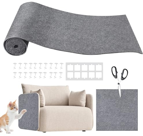 Dhnvcud 40×200cm Cat Scratcher Cat Carpet Protector, DIY Cat Scratching Mat, Trimmable Wall Furniture Climbing Wall Self Adhesive Cat Scratcher Sofa Scratch Pad with Sticker & Fixed Nail (Grey)