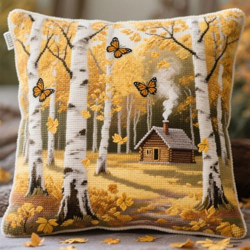 AMBATTERY Kreuzstich Kissen Set Vorgedruckt, Herbstlandschaft und Häuser Kreuzstichkissen Zum Dekorieren 45X45cm Stickkissen Zum Selbersticken Kreuzstich Set Vorgedruckt Kissenbezug