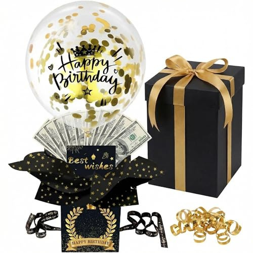Birthday Surprise Money Box with Floating Balloon - Pull Cash Gift Box Kit for Men, Women, Adults - Fun Party Gift Idea for Birthday, Graduation, Wedding (Black)