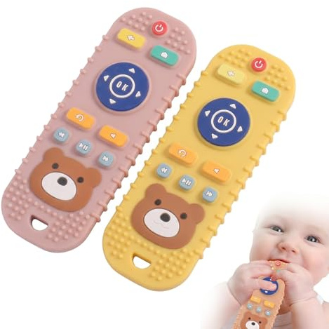 FIQLUL 2 Pcs Anneau de Dentition Bébé en Forme de Télécommande, Jouet Dentition Bébé Souple pour Soulagement des Gencives, Jouet Sensoriel sans BPA pour Bébés 3 6 9 12 Mois, Rose et Jaune