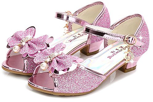 YOGLY Sandales Ceremonie Fille, Chaussure à Talon Enfant Ballerine Princesse avec Paillettes Princesse Chaussures à Talons Hauts Enfants Party Pompes,29 EU,Rose
