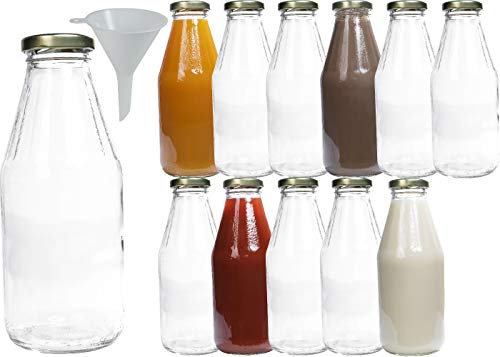 mikken 12 x Glasflasche 500 ml, Flasche mit Schraubverschluss gold inkl. Trichter