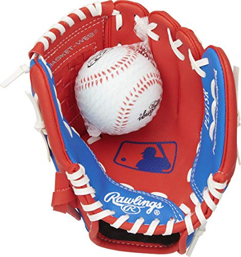 Rawlings Players Series Jugend-Tball-/Baseball-Handschuh mit Ball, rechte Hand, Rot/Blau, 22,9 cm (Alter 3-5)