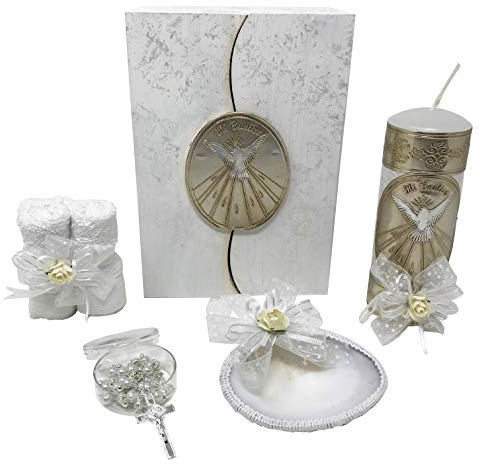 Arcangeles Mexicanos Catholic Baptism Candle Set in a Wooden Box with Towel, Candle, Rosary and Shell for Baby Boys and Girls. Handmade in Mexico