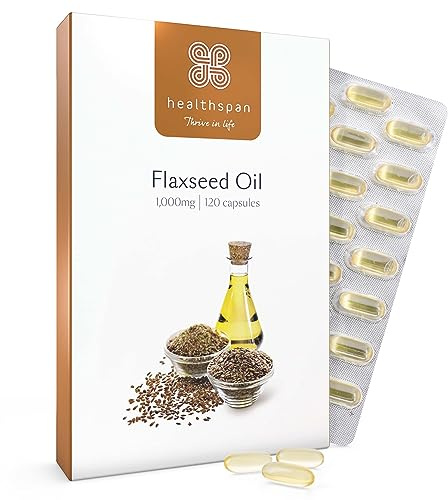 Healthspan Flaxseed Oil 1,000mg | 120 Capsules | Omega 3 Fatty Acid ALA | Maintain Healthy Blood Cholesterol Levels | Women's Health | Vegan